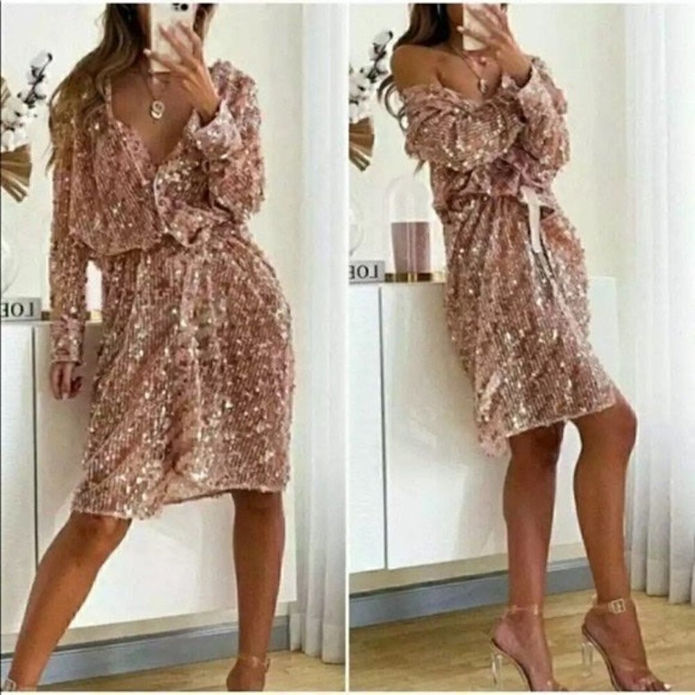 NWT Zara sequin Midi Shirt Dress Size S